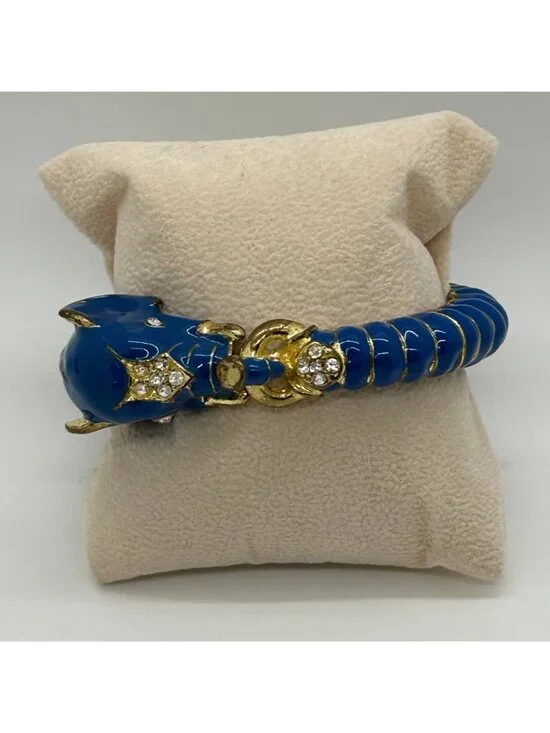 Vintage Enamel Gold-Tone Hinged Teal Blue Elephant Clamper Bangle Bracelet Rhine - Picture 3 of 11